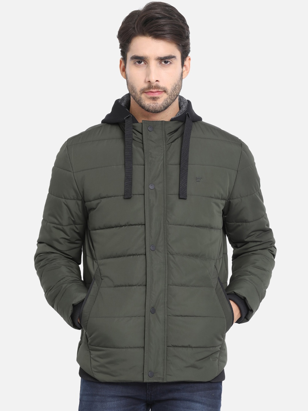 

t-base Men Olive Green Windcheater Hooded Puffer Jacket