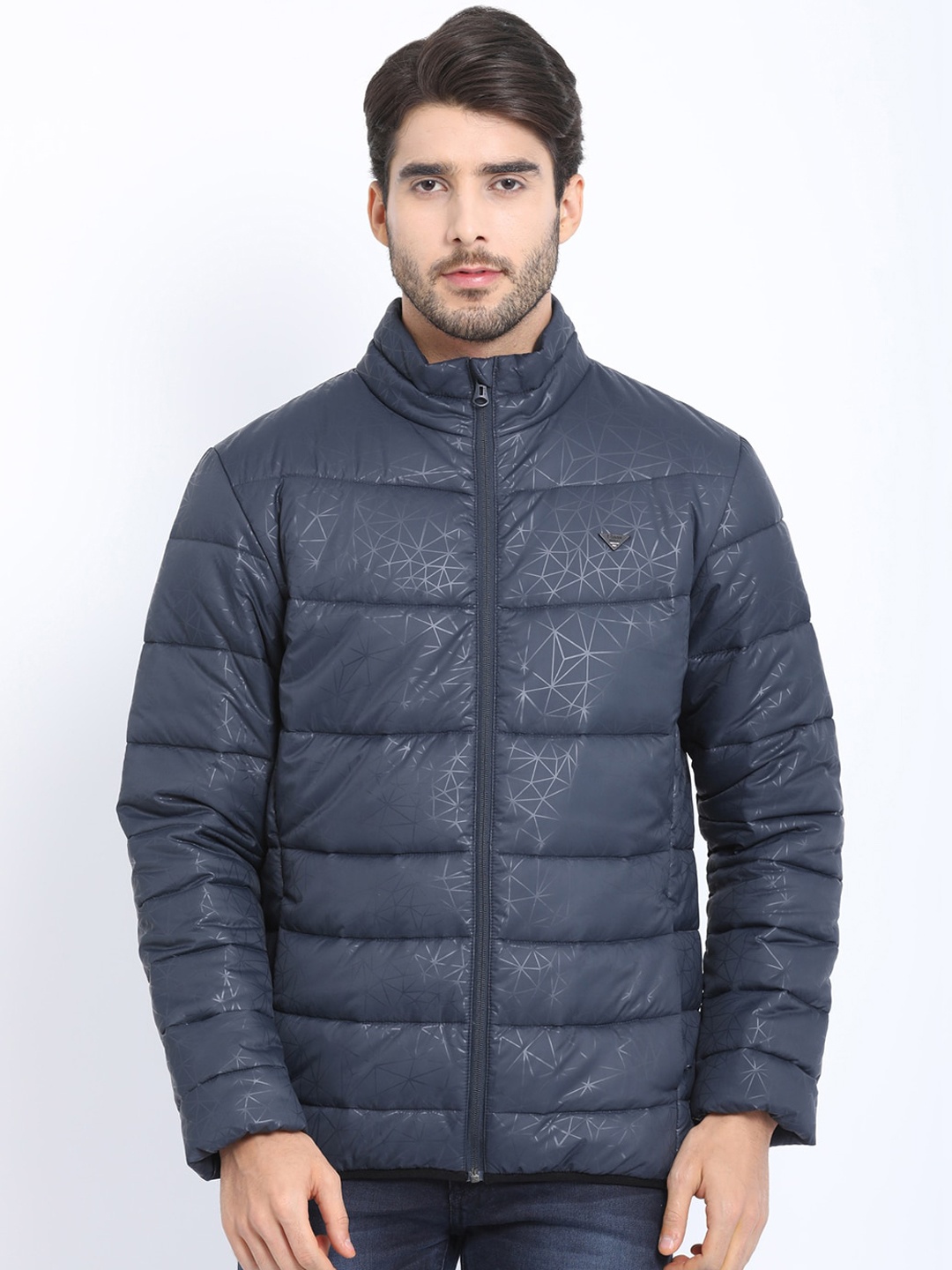 

t-base Men Navy Blue Geometric Windcheater Puffer Jacket
