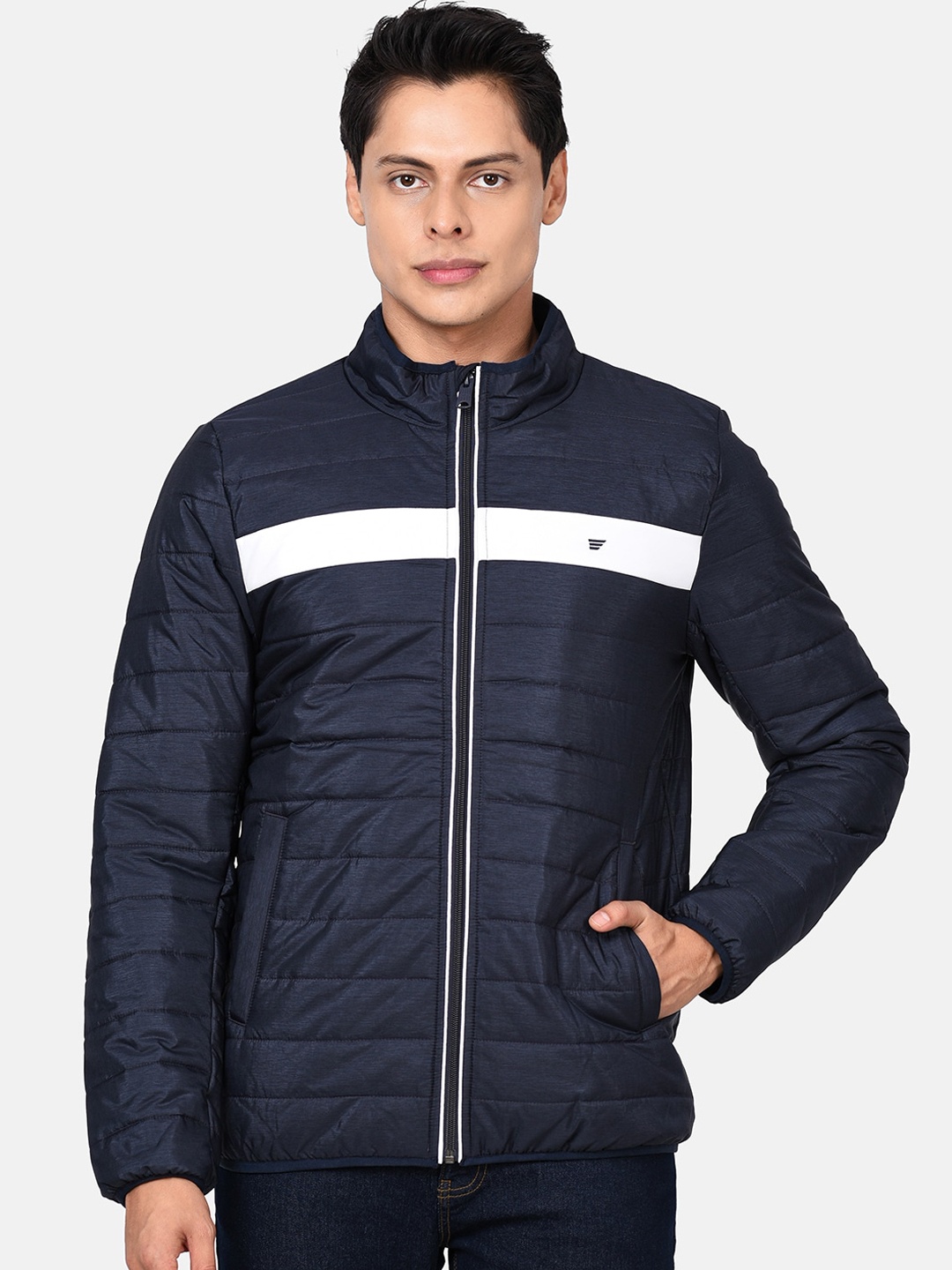 

t-base Men Navy Blue Colourblocked Windcheater Puffer Jacket