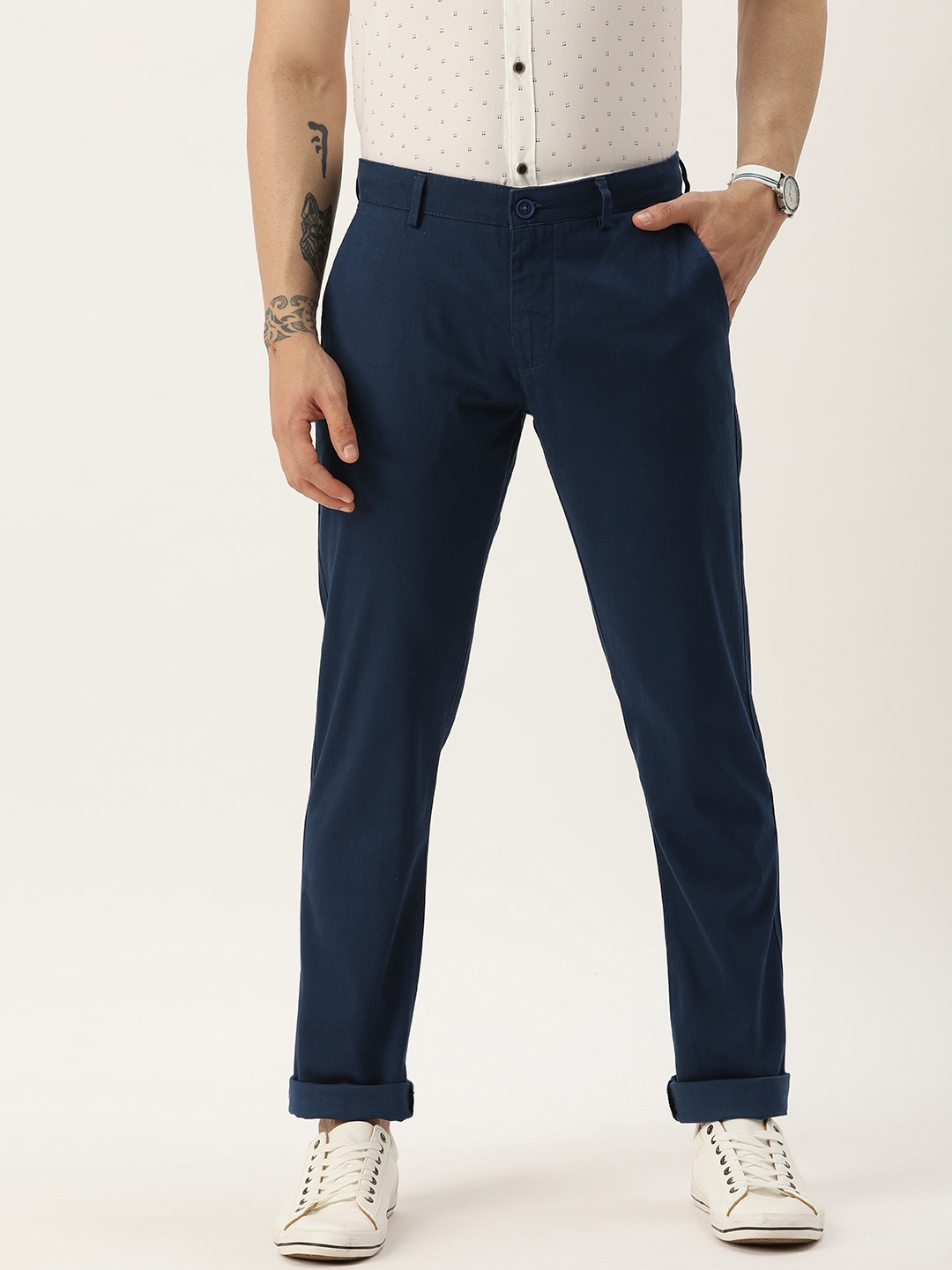 

Peter England Casuals Men Solid Super Slim Fit Trousers, Navy blue