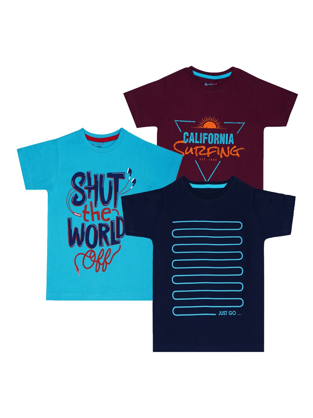 

KYDA KIDS Boys Pack of 3 Blue & Maroon Typography Printed T-shirt