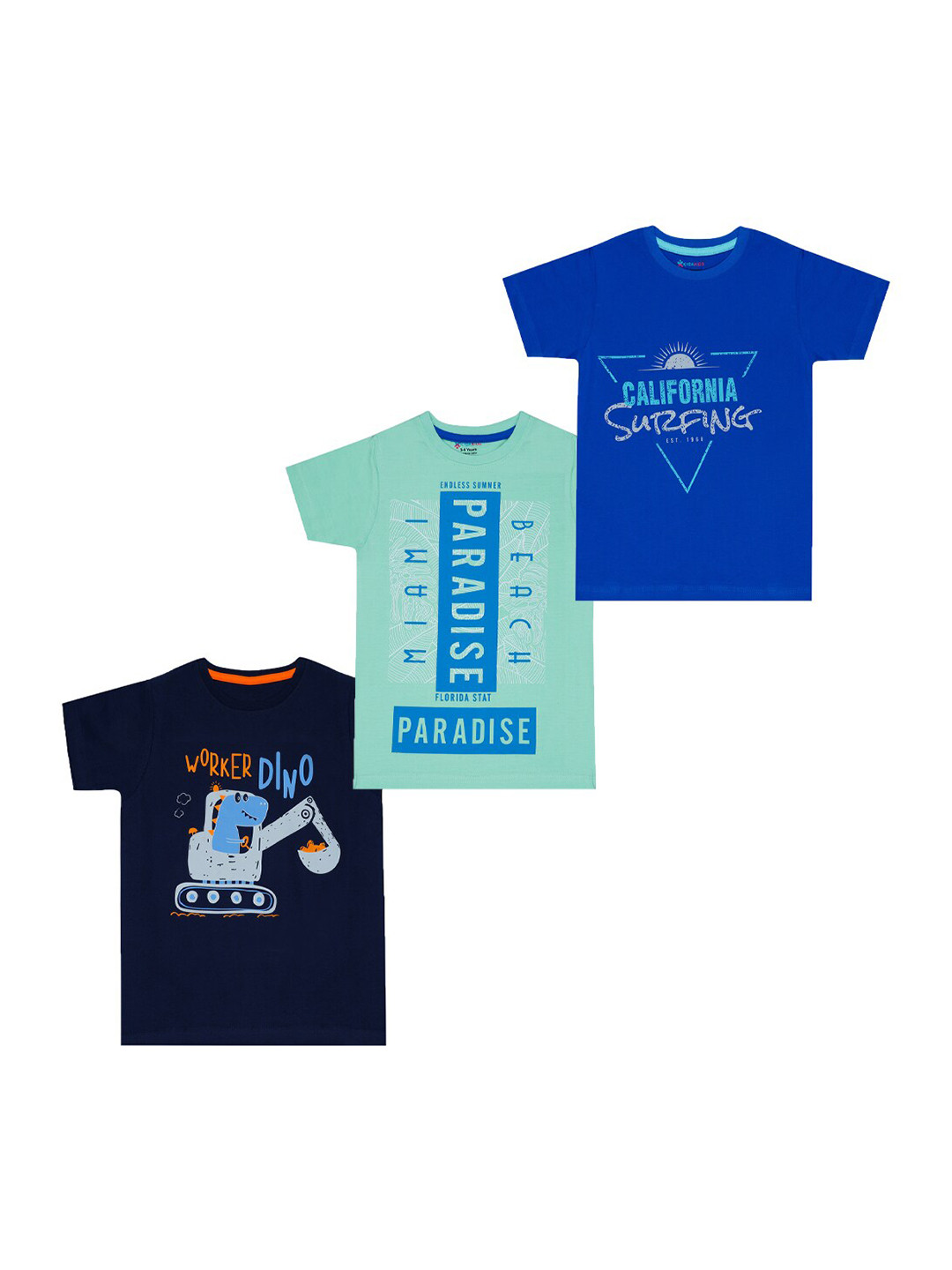 

KYDA KIDS Boys Pack of 3 Blue & Navy Blue Typography Printed Cotton T-shirts