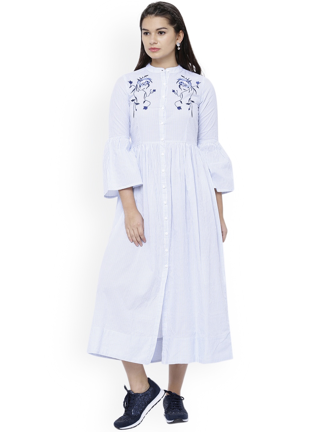 

Tokyo Talkies Women White & Blue Striped Shirt Dress