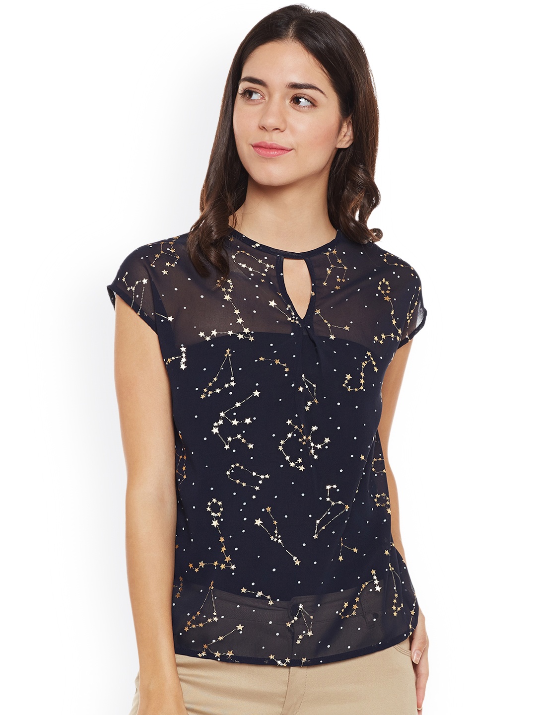 

WISSTLER Women Navy Printed Sheer Top, Navy blue