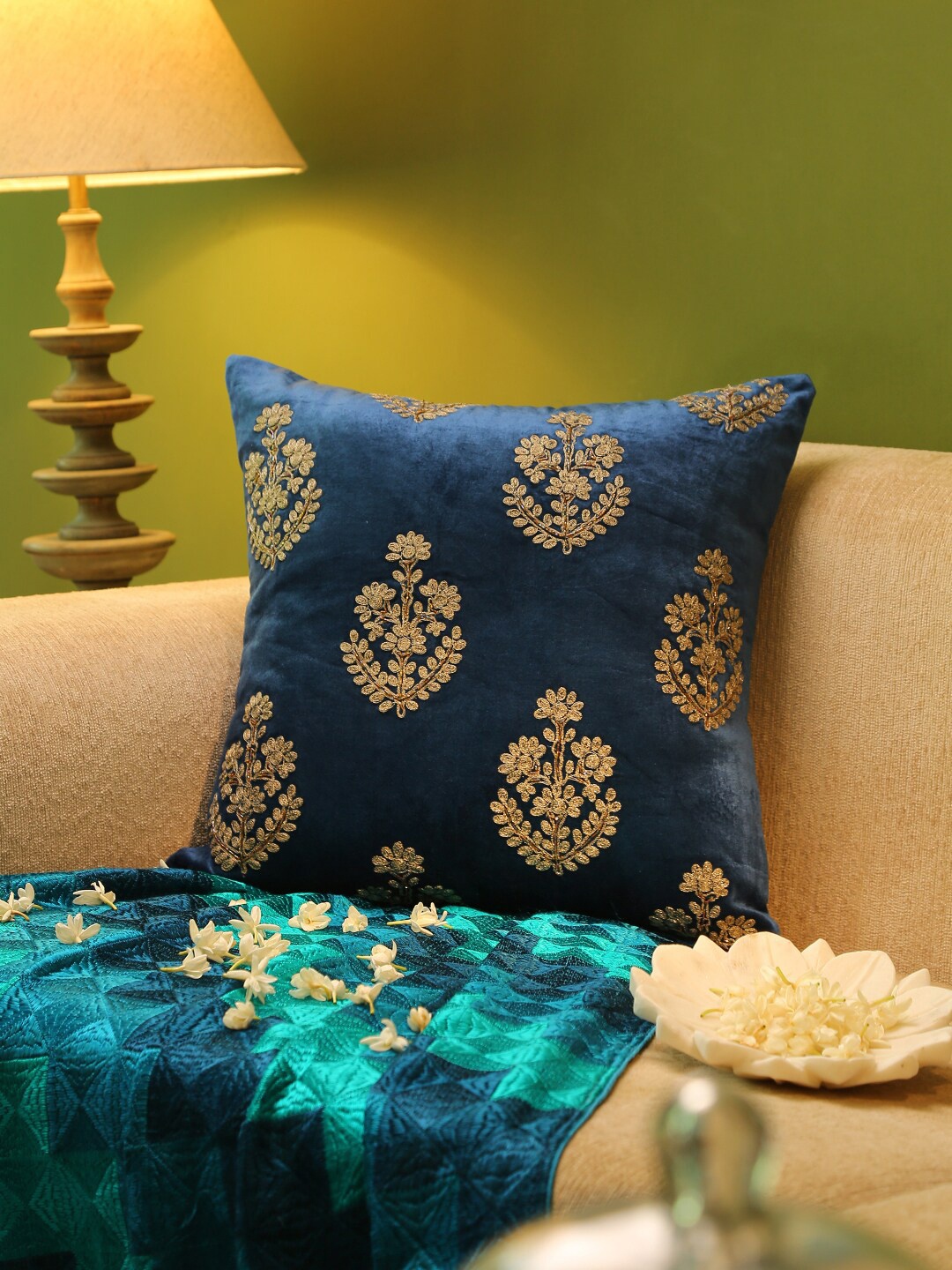 

Amoliconcepts Blue & Gold-Toned Embroidered Velvet Square Cushion Cover