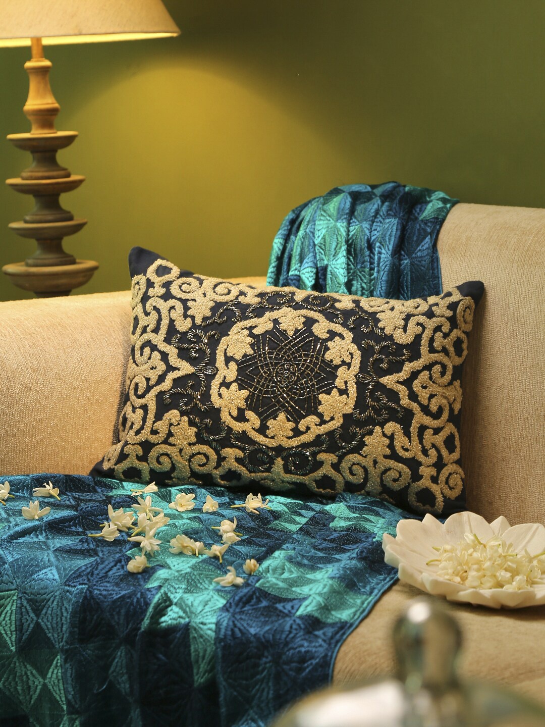 

Amoliconcepts Blue & Gold-Toned Embroidered Subtle Sparkle Rectangle Cushion Covers