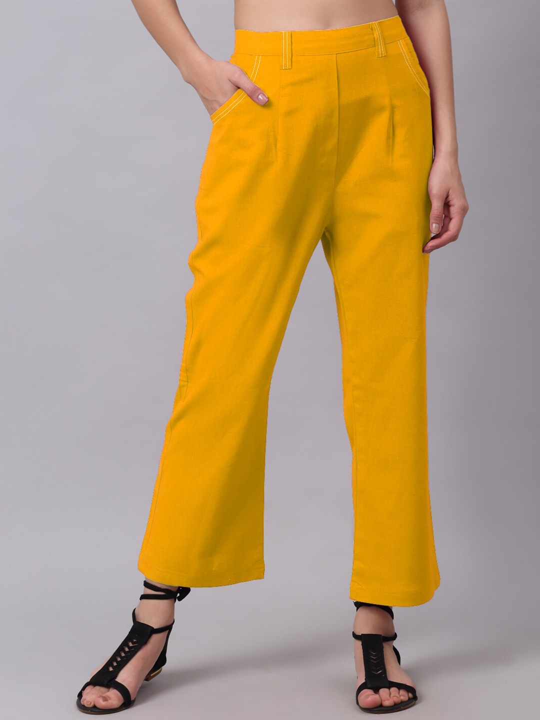 

NEUDIS Women Solid Pure Cotton Trousers, Yellow