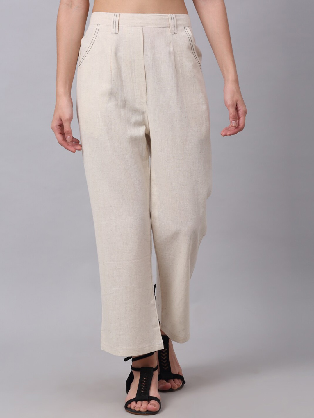 

NEUDIS Women Solid Pure Cotton Trousers, Beige
