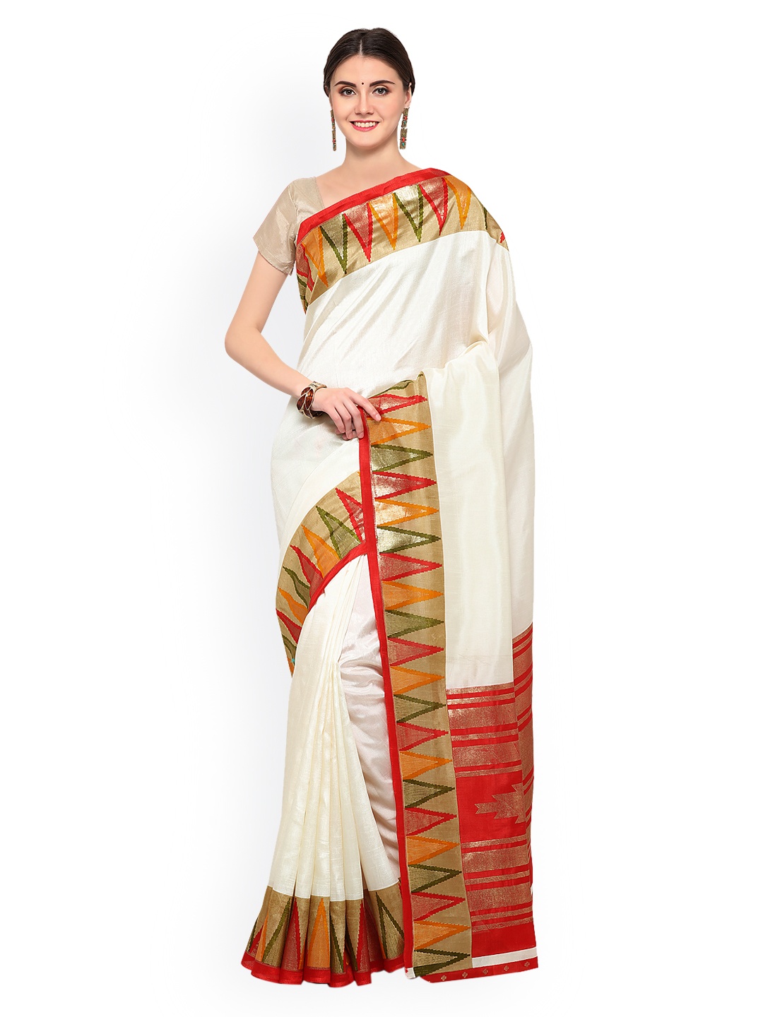 

Saree mall Cream-Coloured Patola Silk Blend Solid Kasavu Saree