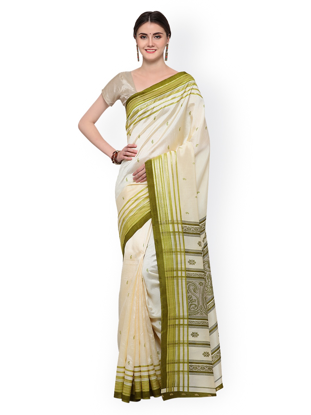 

Saree mall Cream-Coloured Patola Silk Blend Woven Design Kasavu Saree