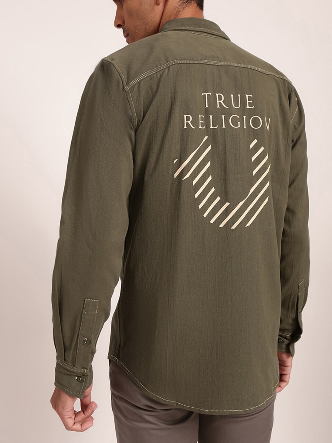 

True Religion Men Olive Green Printed Casual Shirt