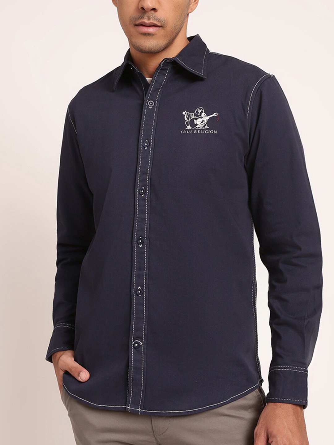 

True Religion Men Navy Blue Cotton Printed Casual Shirt