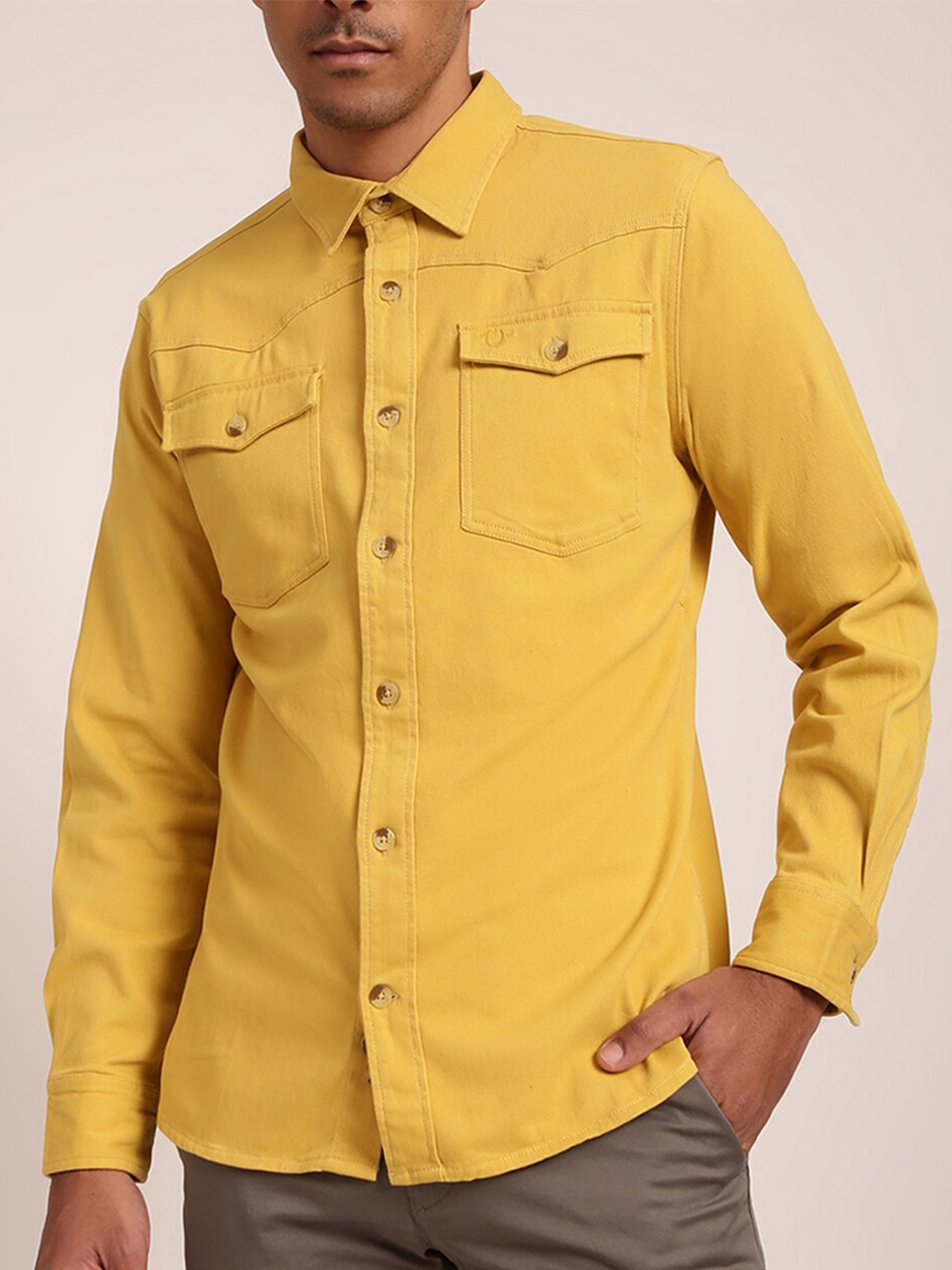

True Religion Men Yellow Solid Cutaway Collar Casual Shirt