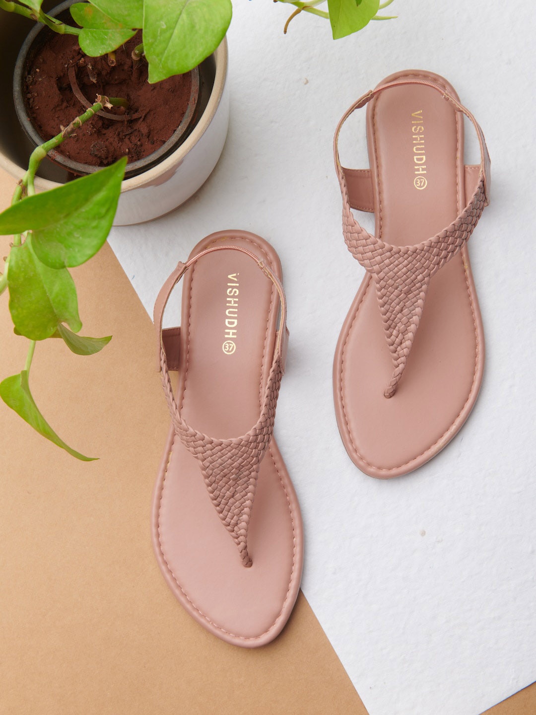 

Vishudh Women Pink Woven Design Open Toe T-Strap Flats