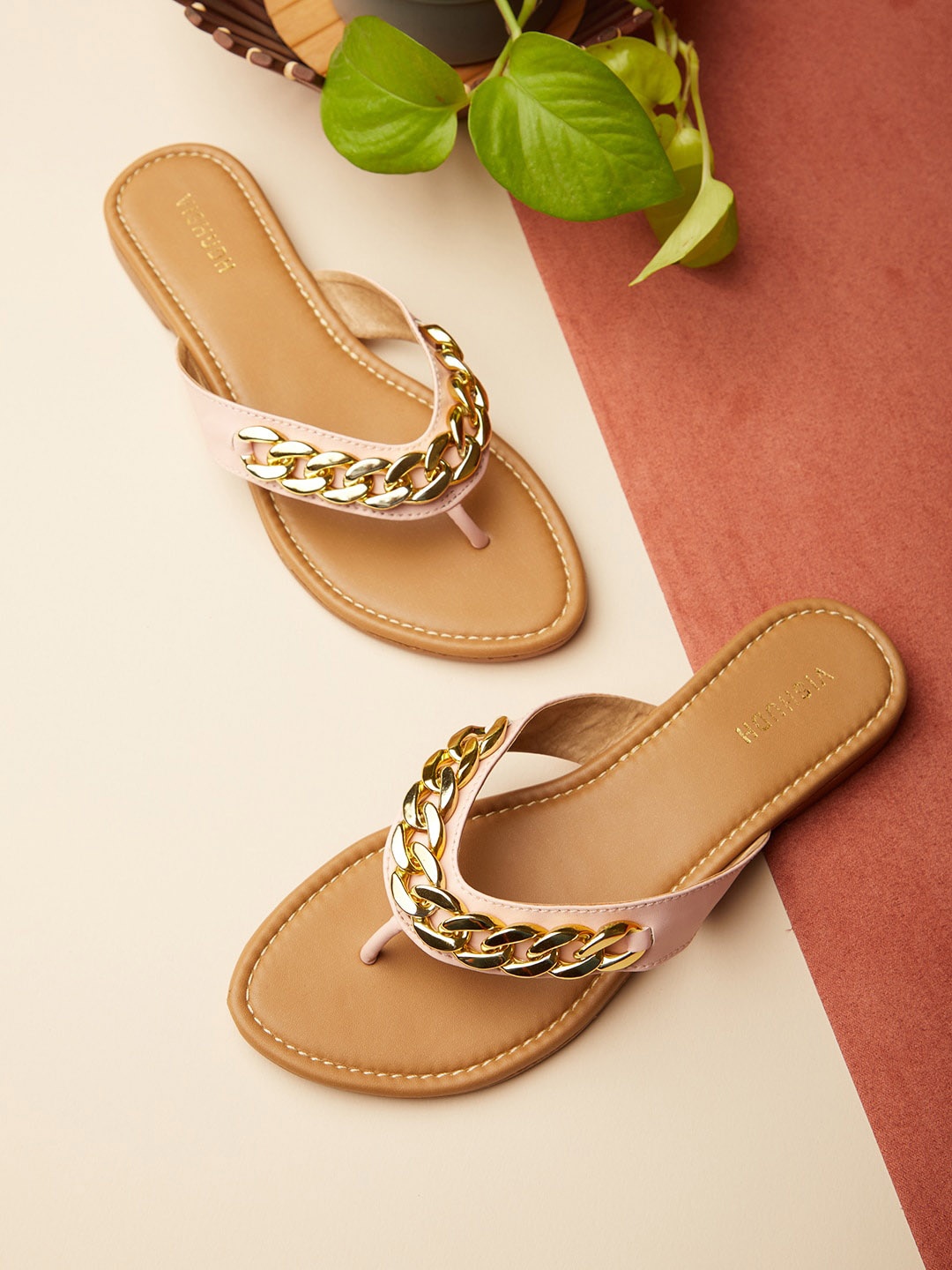 

Vishudh Women Pink & Beige Solid Synthetic Open Toe Flats