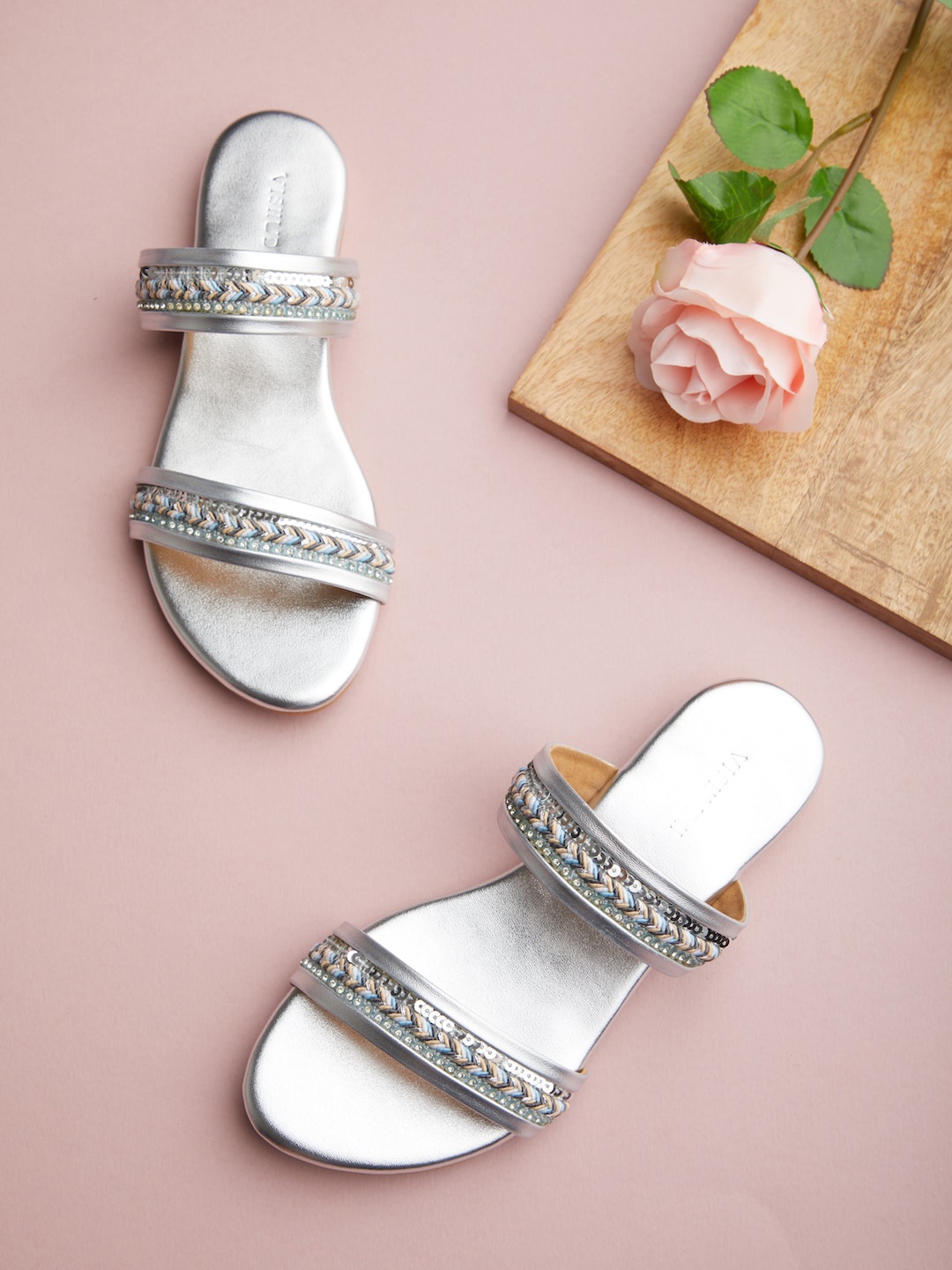 

Vishudh Women Silver Embellished Ethnic Open Toe Flats