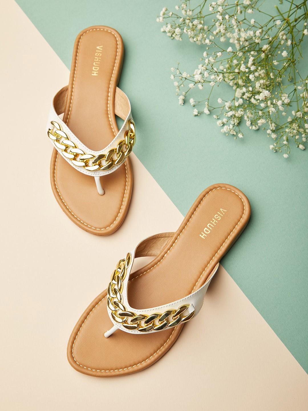 

Vishudh Women White Embellished T-Strap Flats