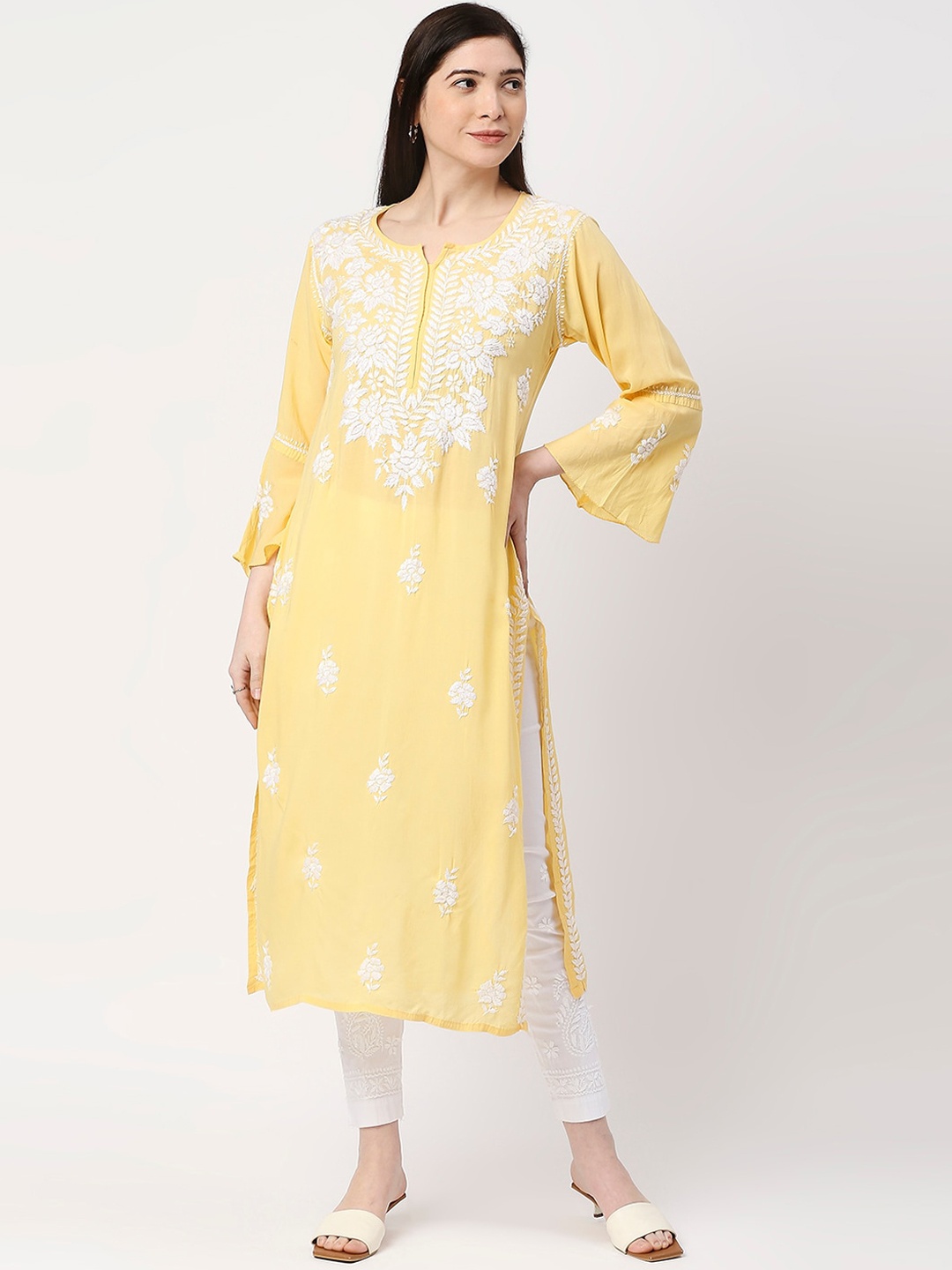 

Indiankala4u Women Yellow Floral Embroidered Flared Sleeves Kurta