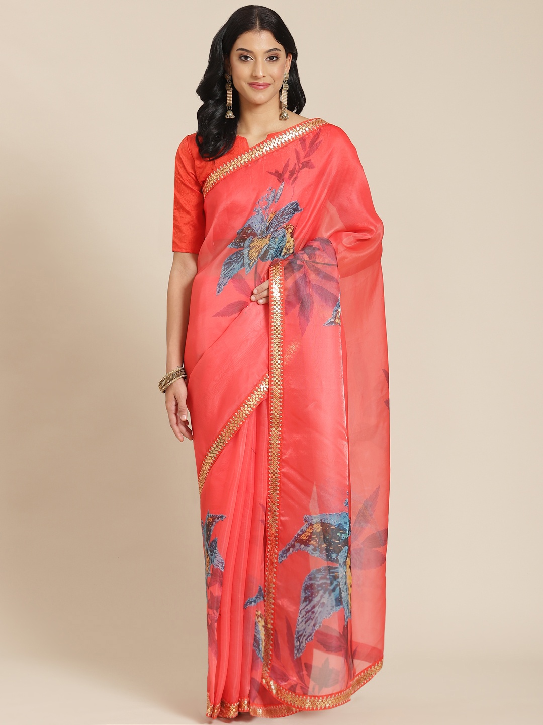 

Kalista Coral Floral Sequinned Organza Saree