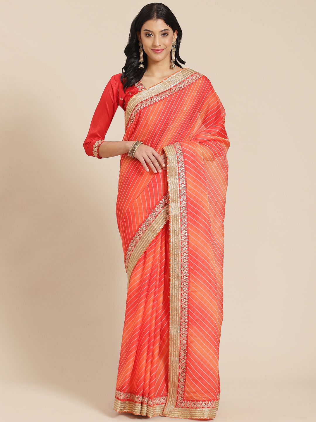 

Kalista Orange Leheriya Sequinned Organza Saree