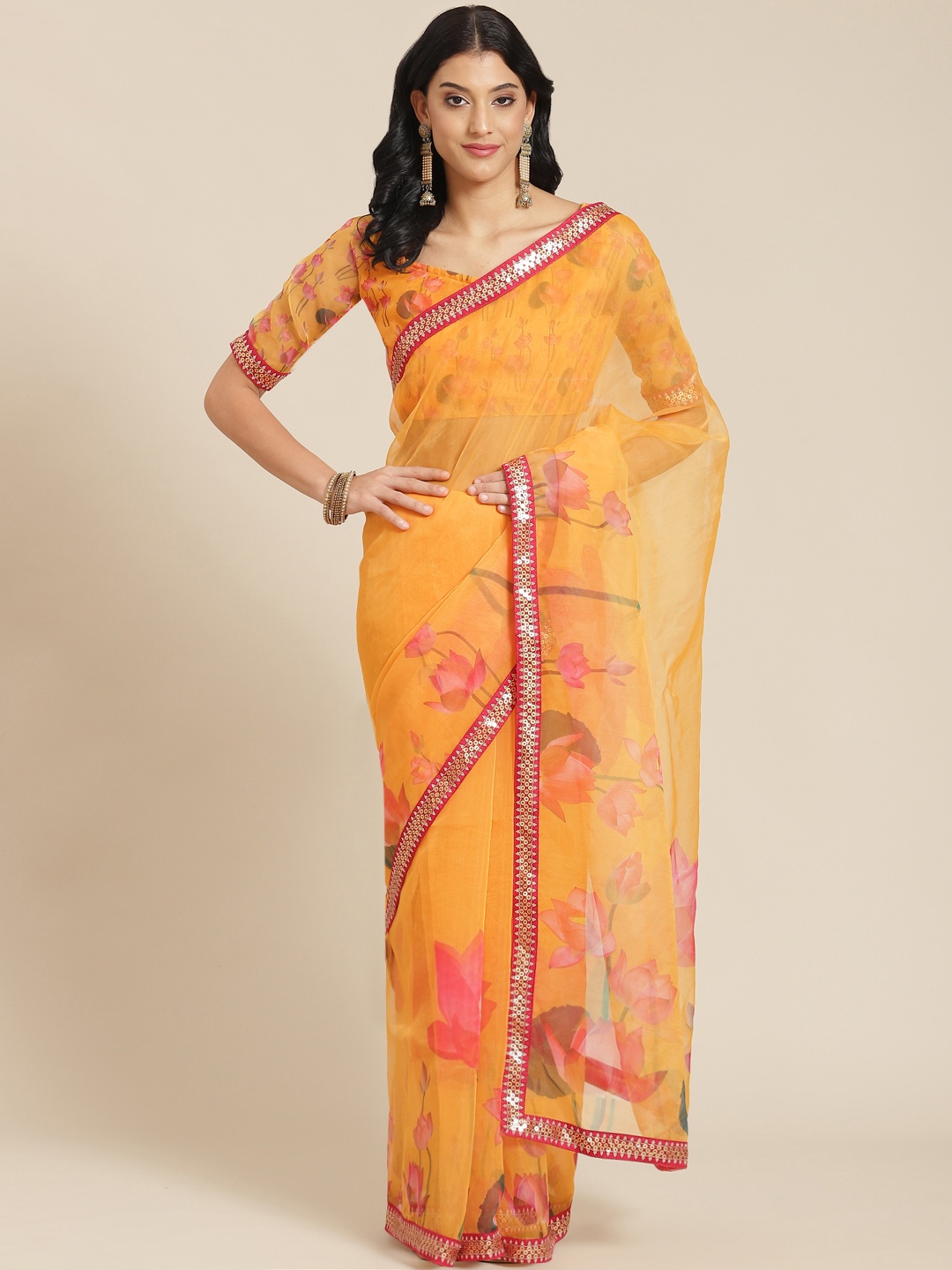 

Kalista Mustard & Pink Floral Sequinned Organza Saree