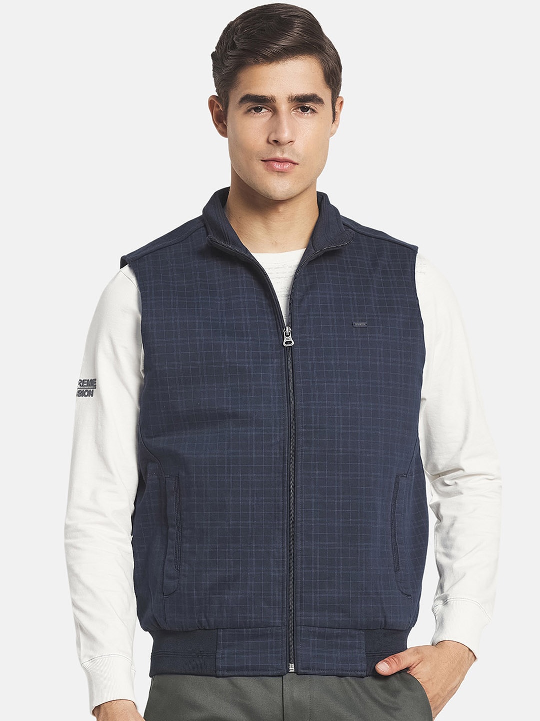 

Monte Carlo Men Plus Size Navy Blue Sleeveless Bomber Jacket