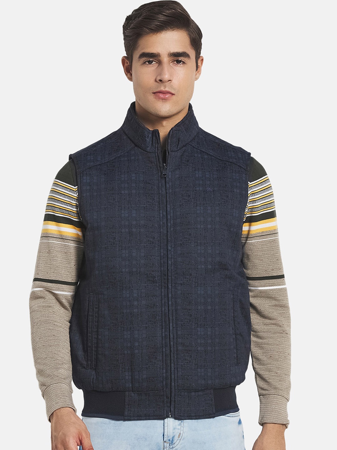 

Monte Carlo Men Navy Blue Checked Reversible Sleeveless Bomber Jacket