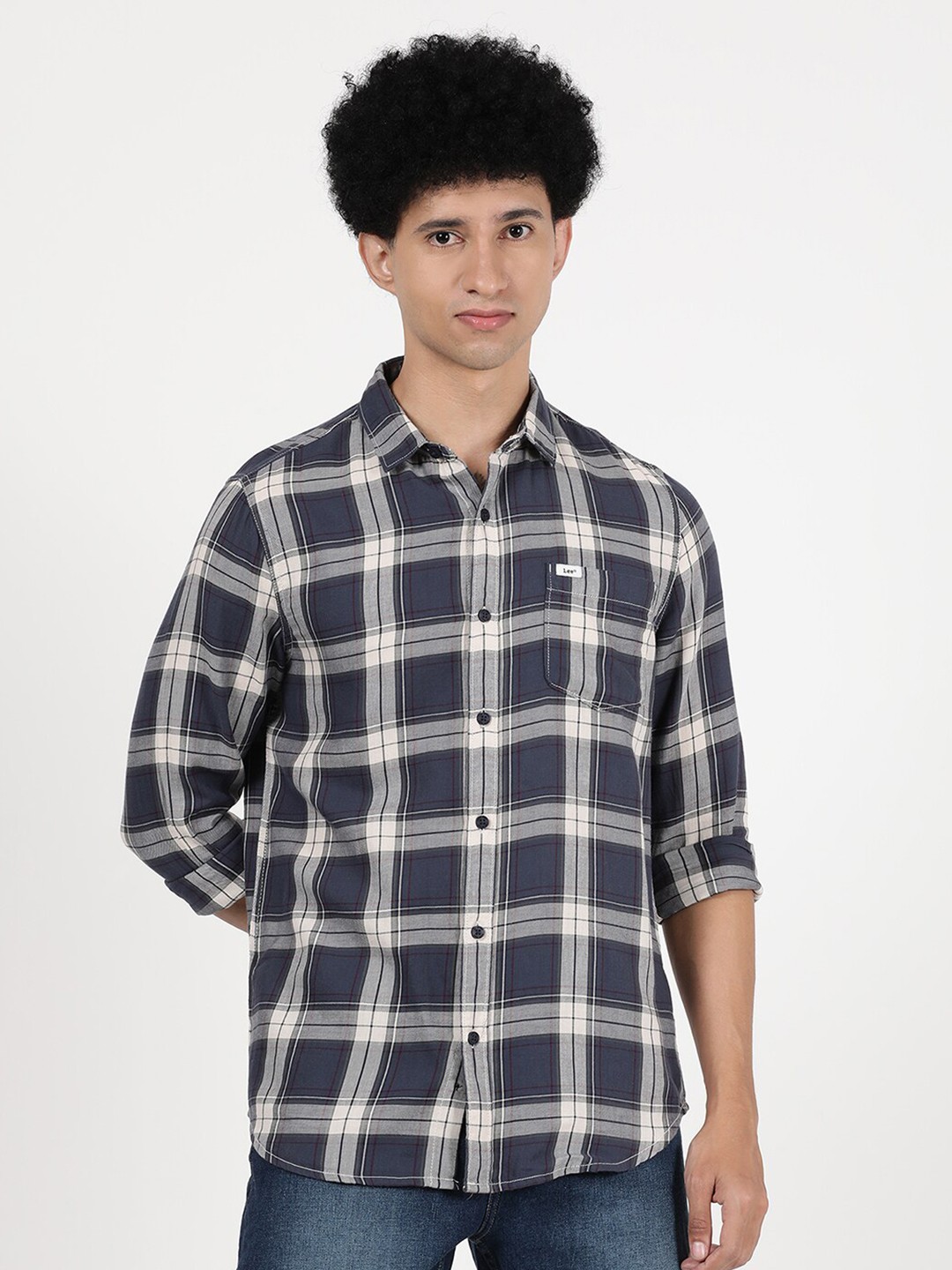 

Lee Men White & Black Slim Fit Tartan Checks Checked Casual Shirt