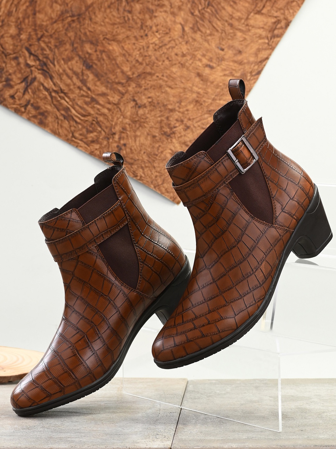 

El Paso Women Tan Brown Solid Leather Casual Slip On Boots