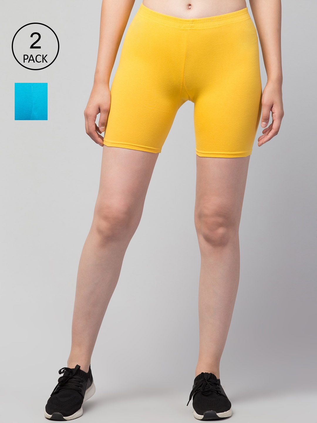 

Apraa & Parma Women Yellow & Blue Pack Of 2 Slim Fit Cotton Sports Shorts