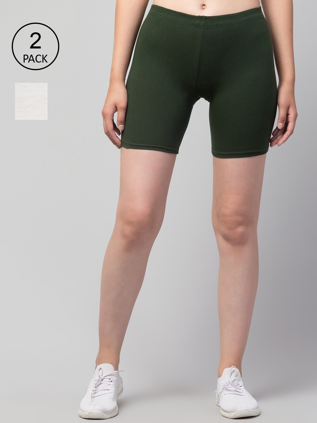 

Apraa & Parma Women Pack of 2 White and Olive Green Cotton Cycling Sports Shorts
