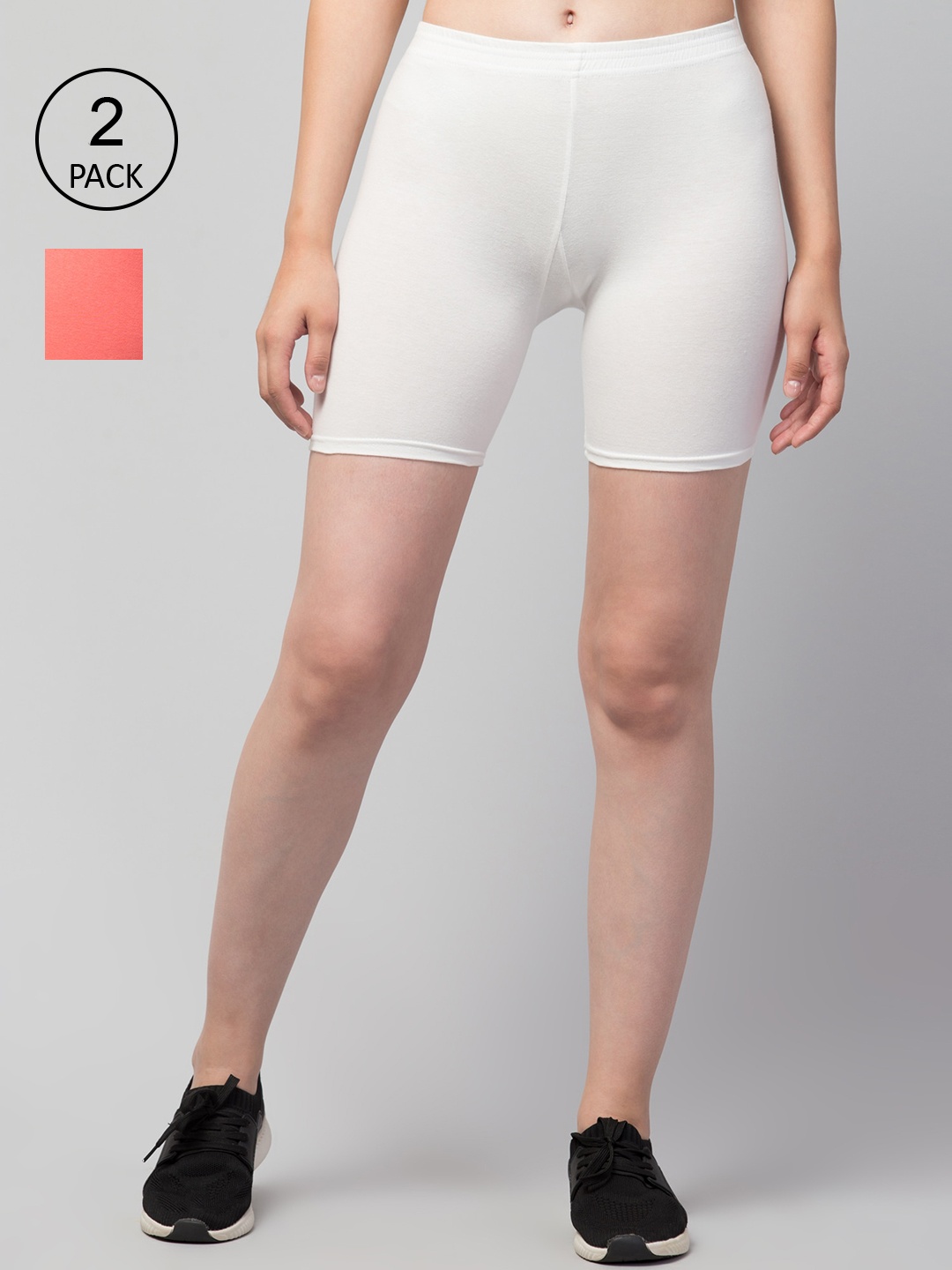 Apraa & Parma Women Pack of 2 White and Peach Cotton Cycling Sports Shorts