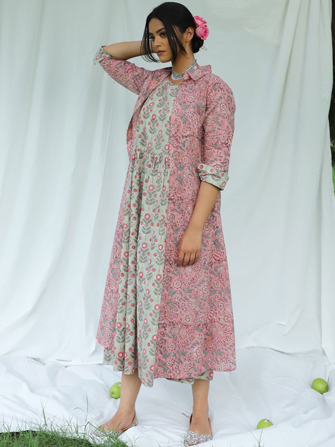 

Shuddhi Women Pink & Green Printed Cotton A-Line Ethnic Dresses with Jacket