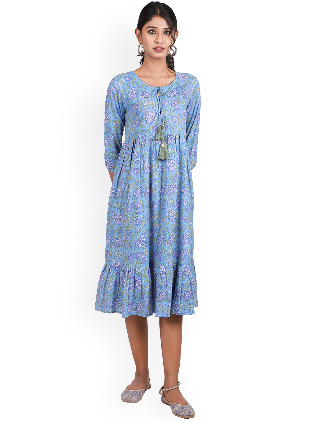

Shuddhi Women Floral Printed Cotton Midi Dress, Blue