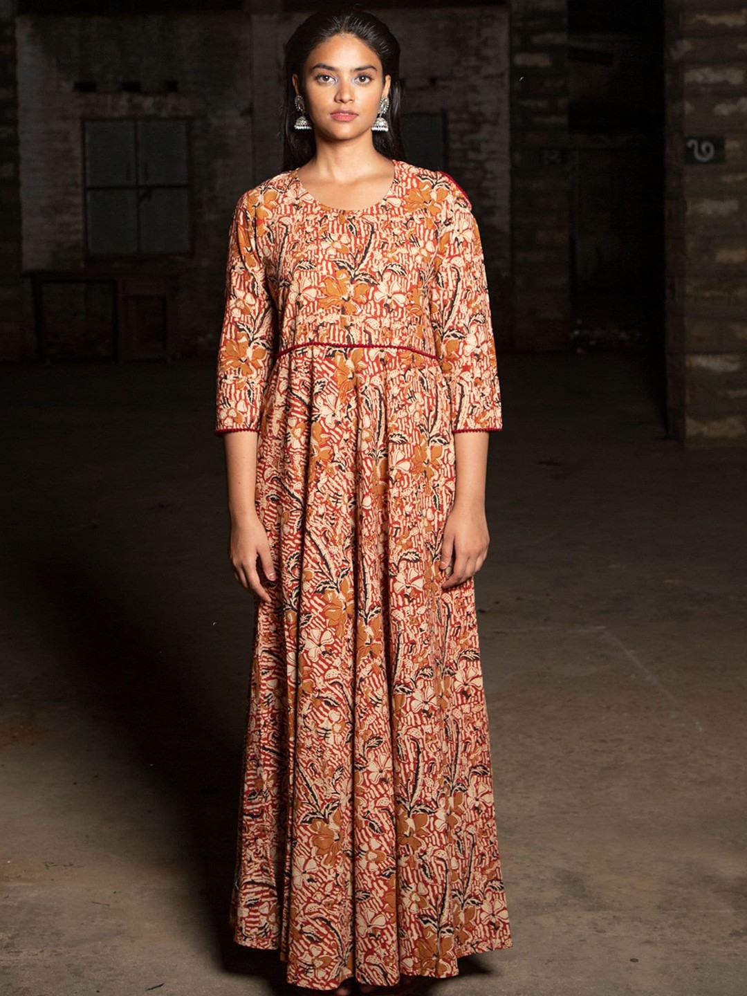 

Shuddhi Women Brown & Black Floral Printed Cotton Maxi Ethnic Dress, Coffee brown