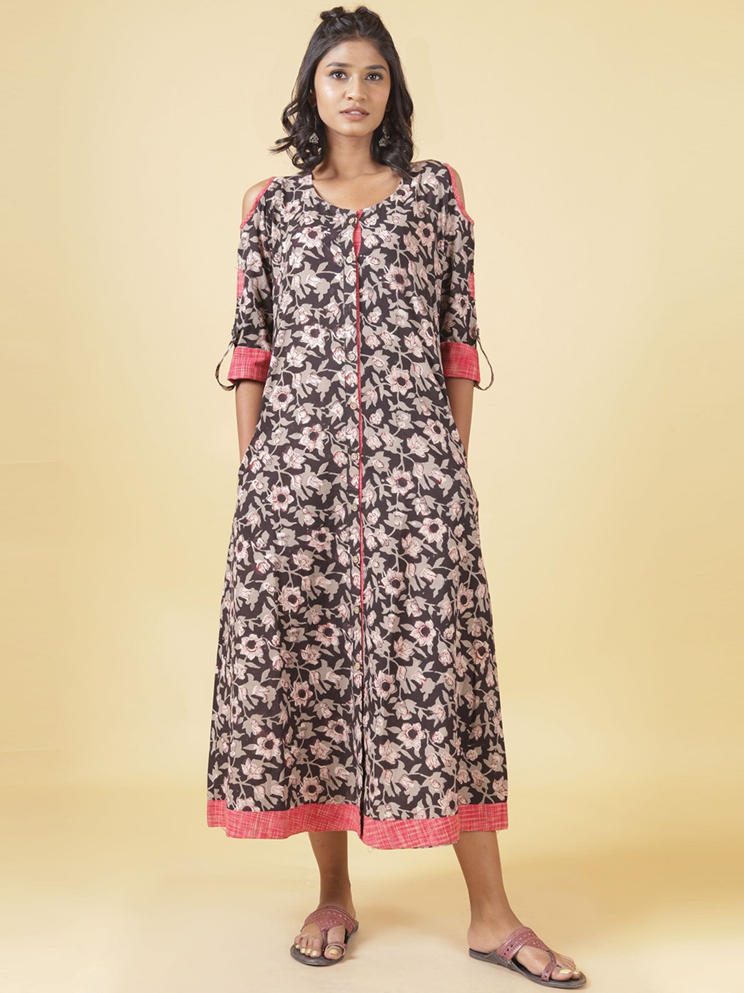 

Shuddhi Women Black & Red Printed Cotton A-Line Ethnic Dresses