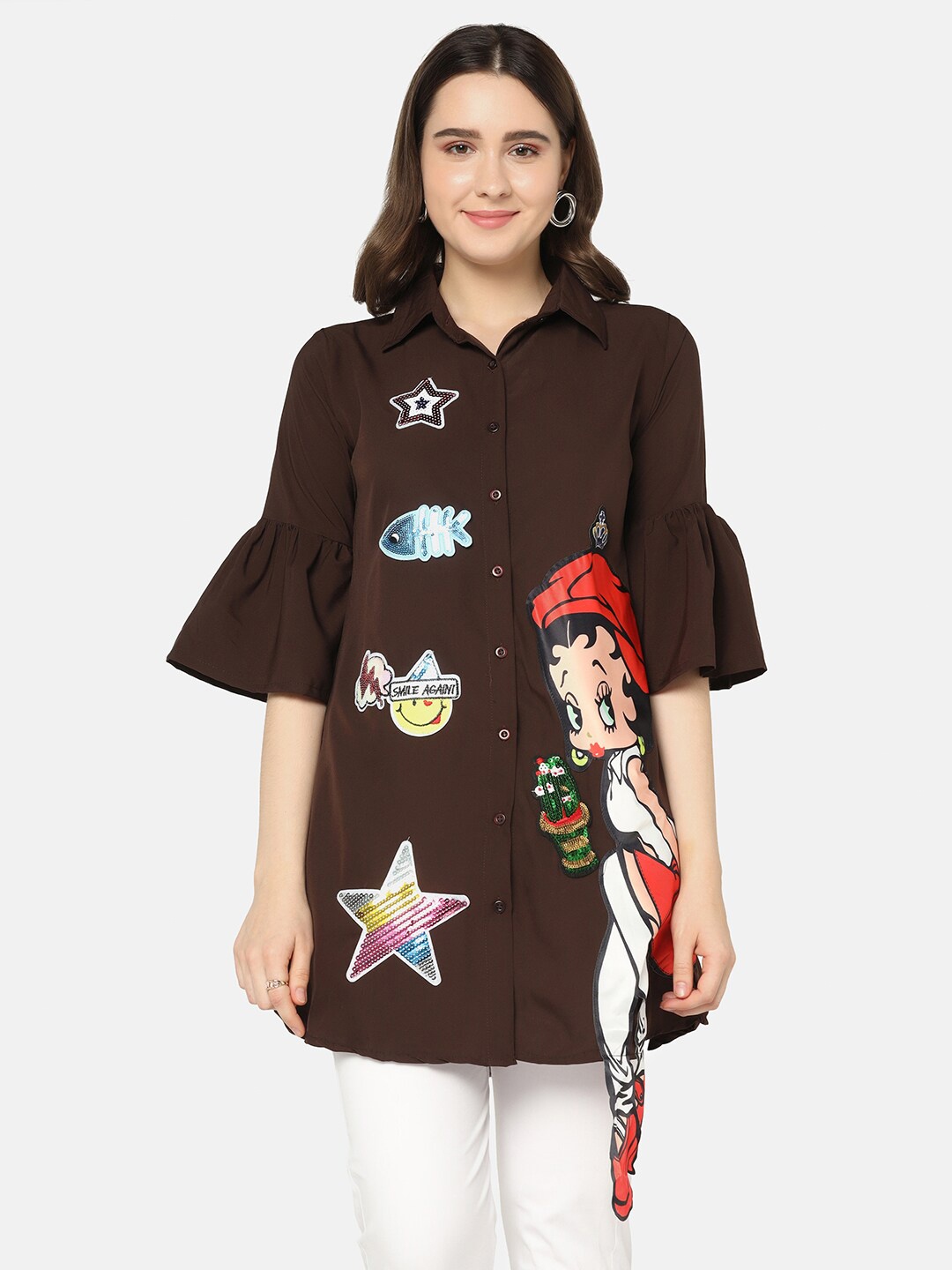 

BUY NEW TREND Women Brown Printed Relaxed Bell Sleeves Long Casual Shirt