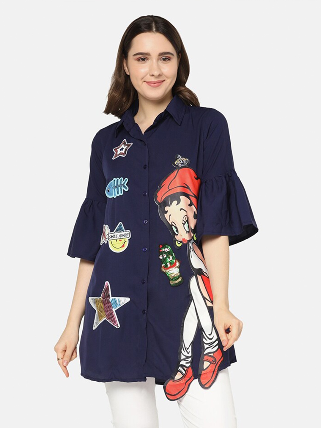 

BUY NEW TREND Women Navy Blue Relaxed Longline Applique Casual Shirt