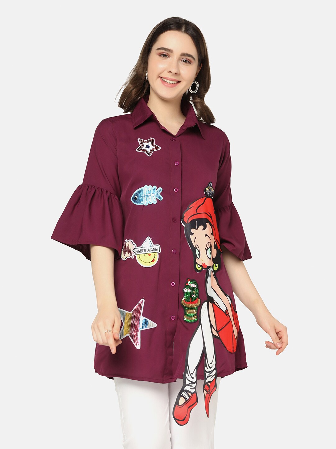 

BUY NEW TREND Women Pink Relaxed Longline Applique Casual Shirt
