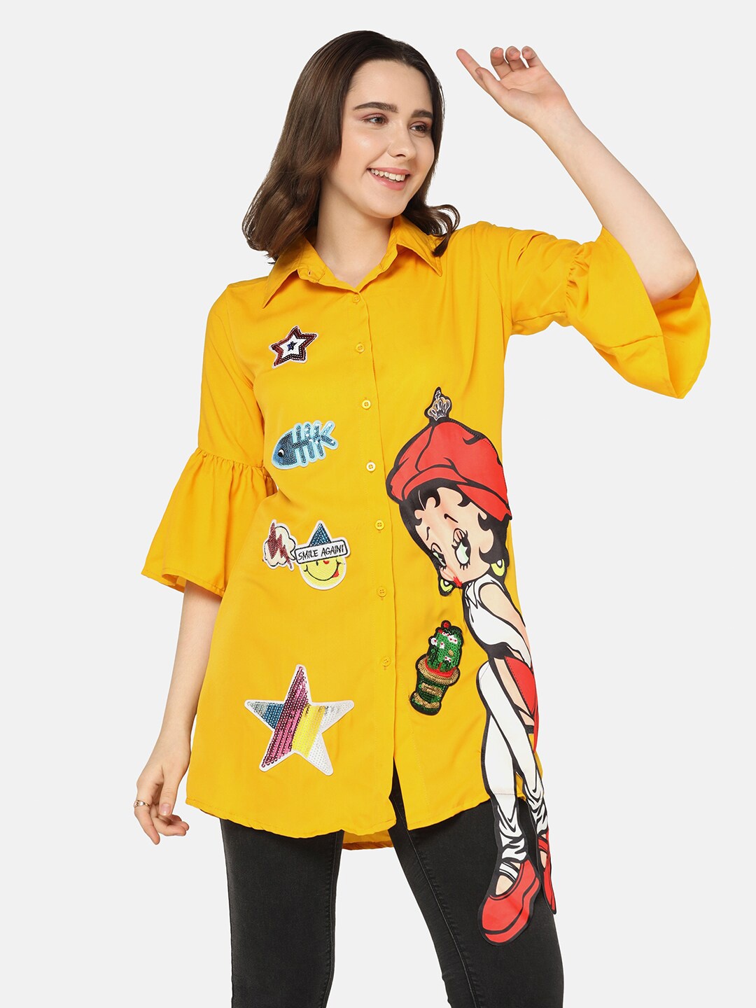 

BUY NEW TREND Women Relaxed Printed Casual Longline Shirt, Yellow