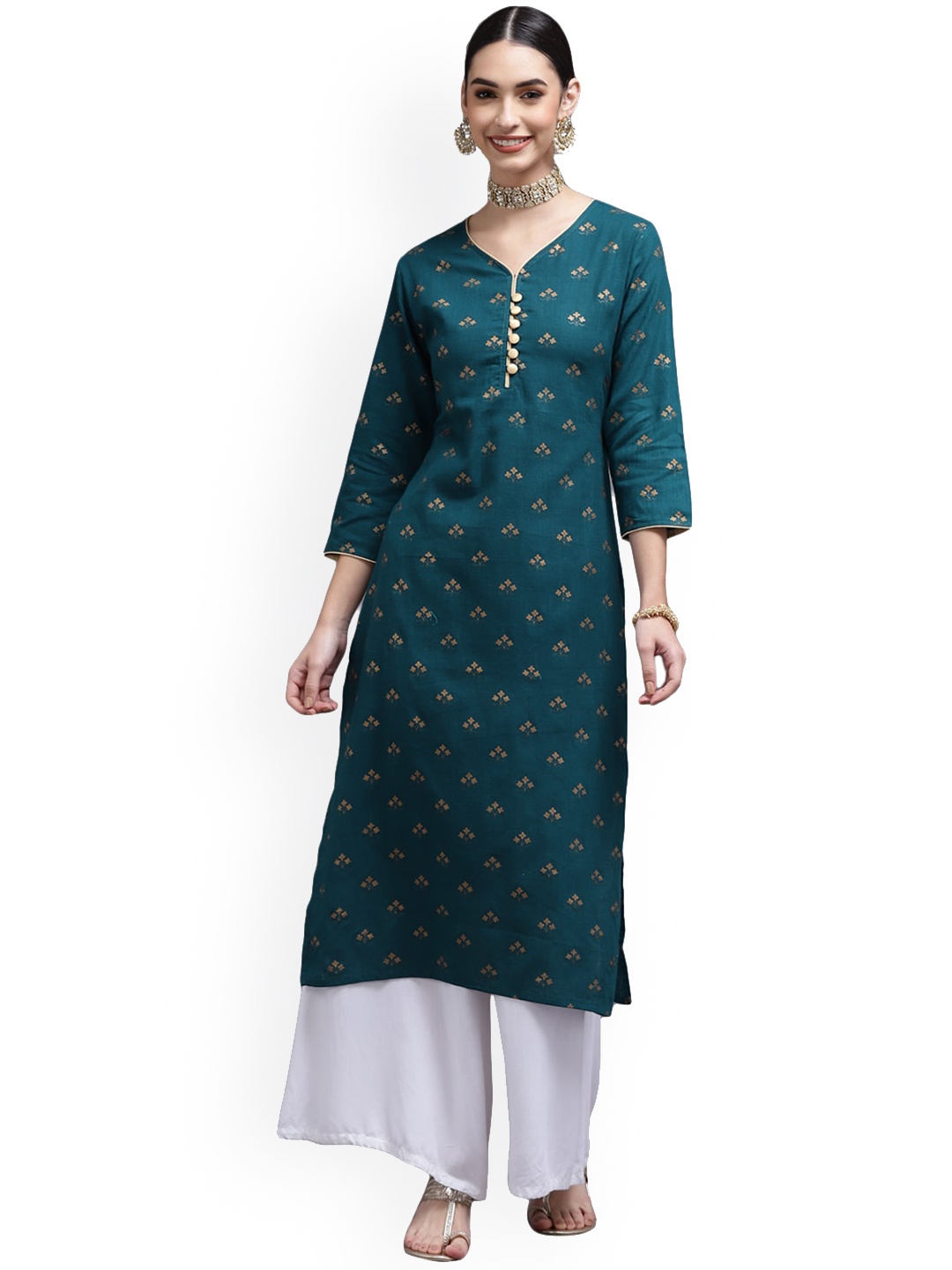 

KALINI Women Teal Geometric Printed Pure Cotton Kurta