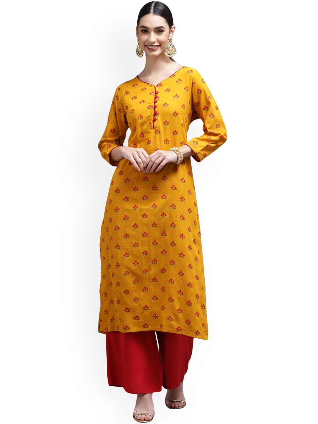 

KALINI Women Mustard Yellow Ethnic Motifs Printed Pure CottonKurta