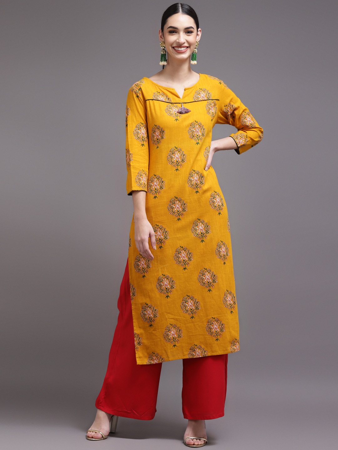 

KALINI Women Mustard Yellow Ethnic Motifs Printed Cotton Kurta