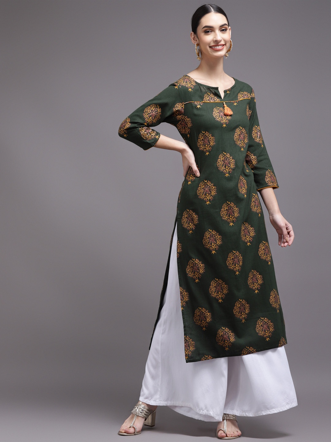 

KALINI Women Olive Green Ethnic Motifs Printed Kurta