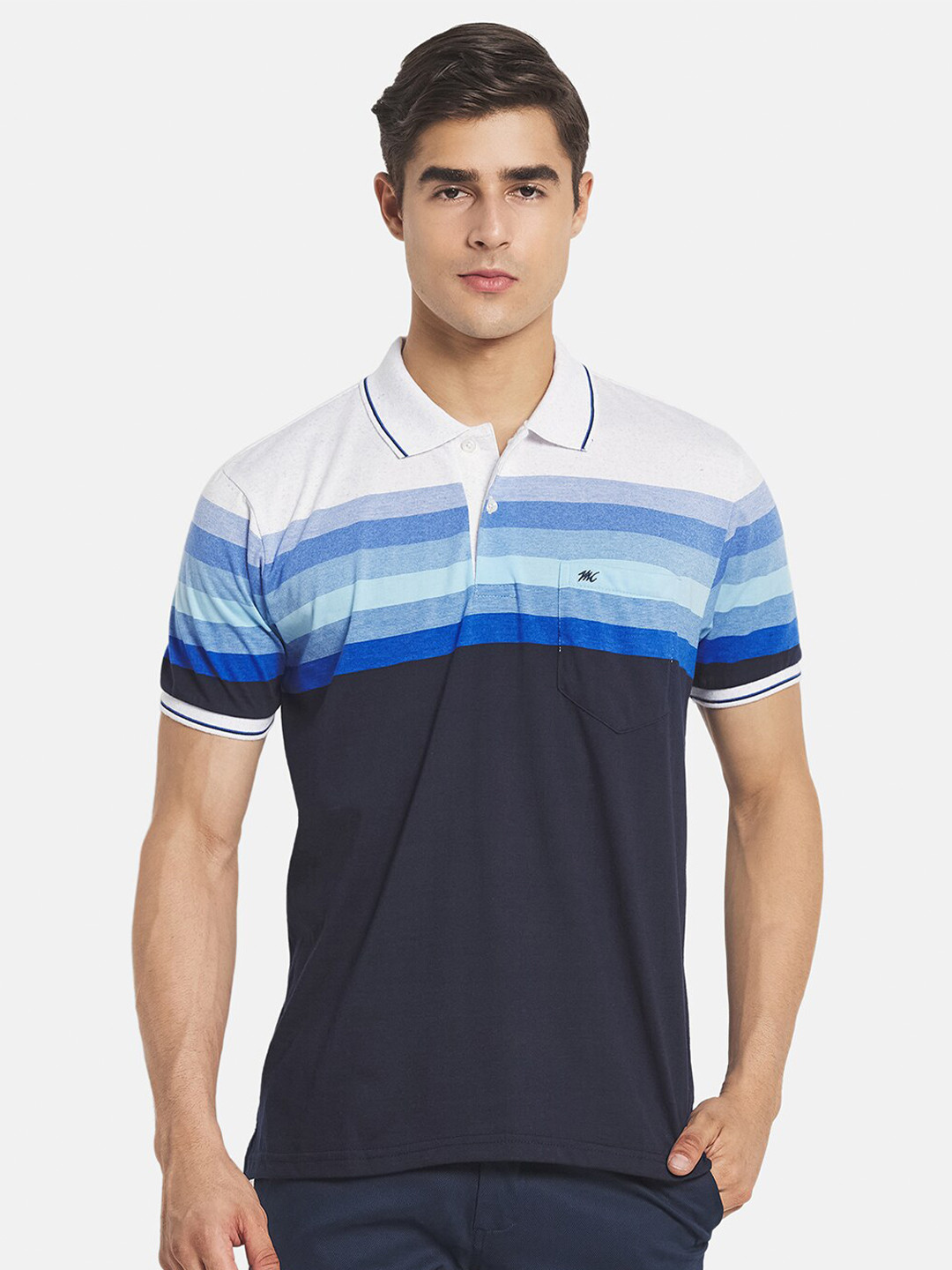 

Monte Carlo Men Navy Blue Striped Polo Collar T-shirt
