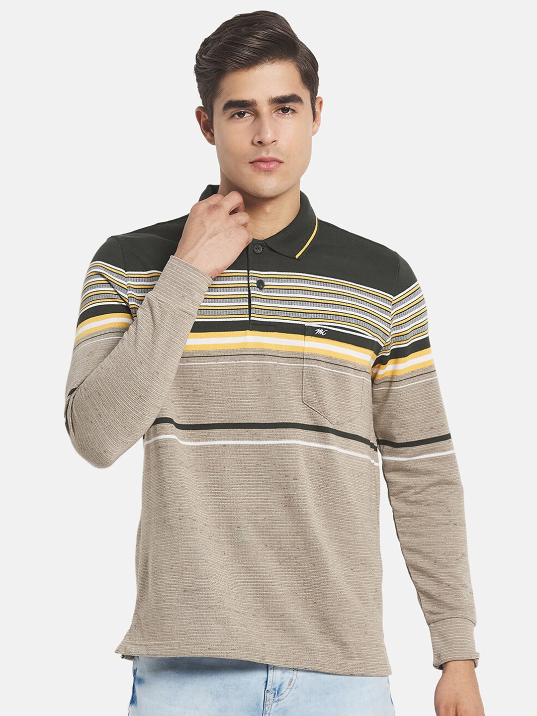 

Monte Carlo Men Olive Green Striped Printed Polo Collar T-shirt