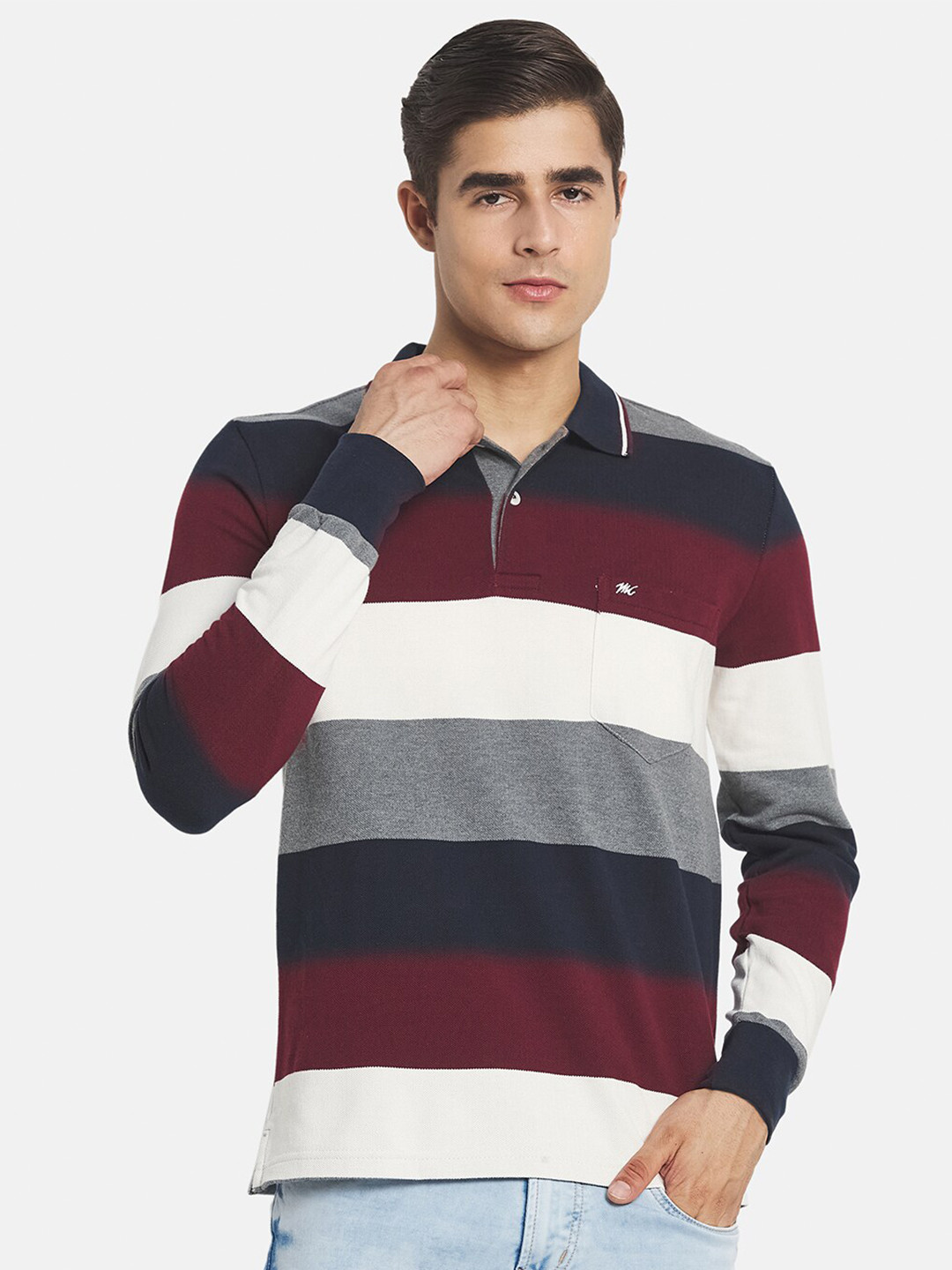 

Monte Carlo Men Brown & Grey Striped Polo Collar T-shirt