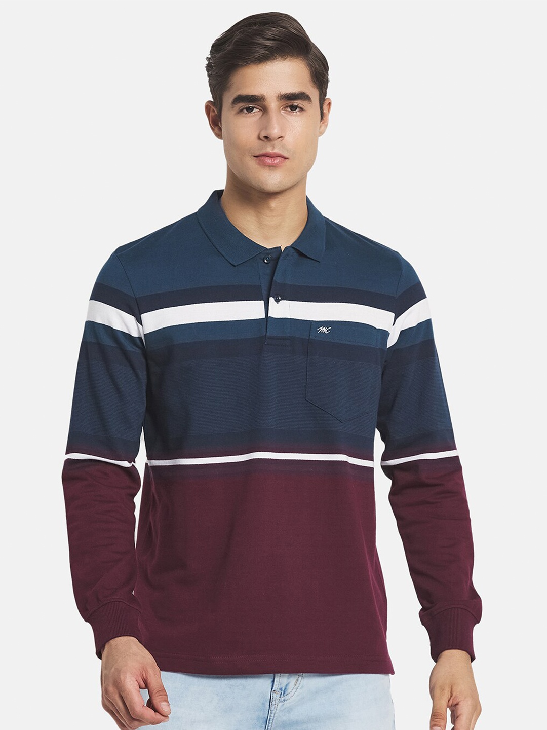 

Monte Carlo Men Blue & Maroon Striped Polo Collar T-shirt