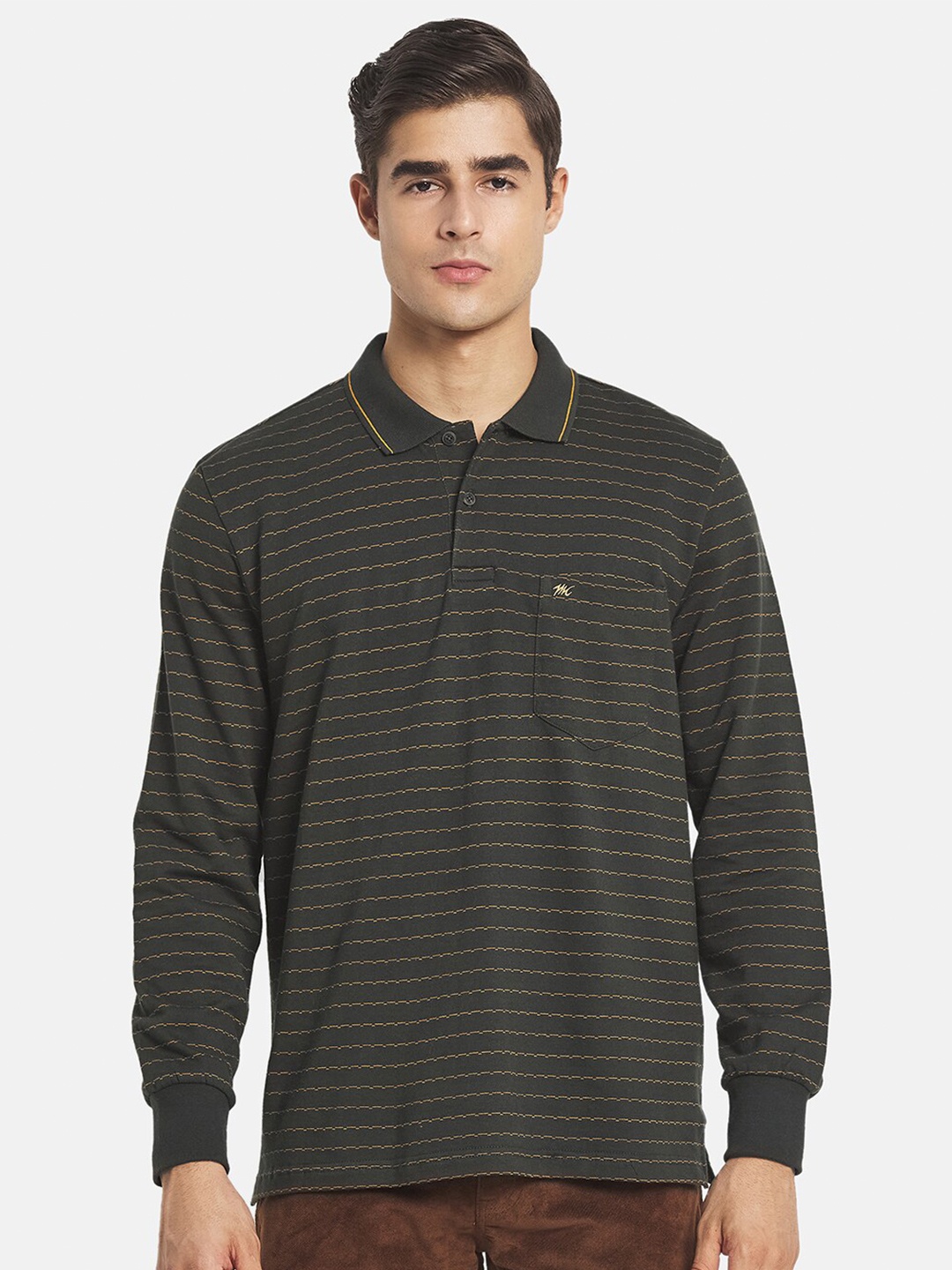 

Monte Carlo Men Olive Green Striped Printed Polo Collar T-shirt