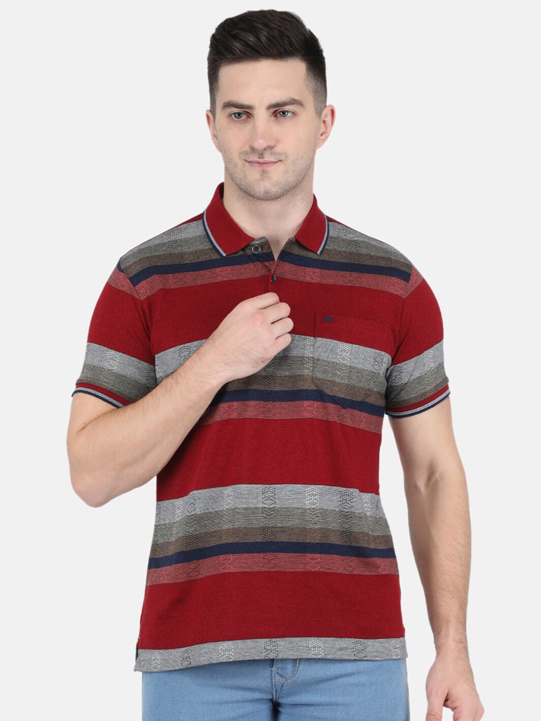 

Monte Carlo Men Red & Grey Striped Polo Collar T-shirt